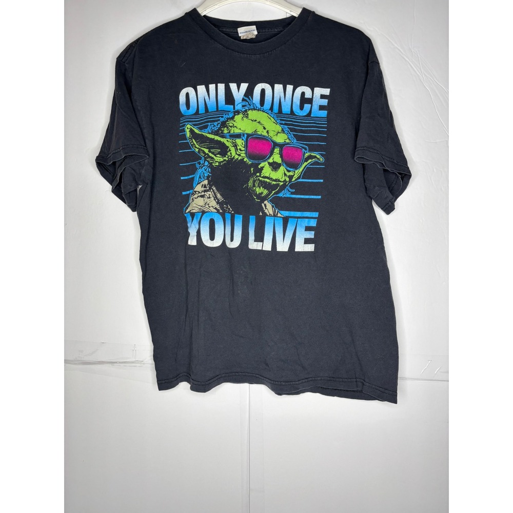 Star Wars Yoda Only Once You Live Graphic T-Shirt Mens‎ Black Neon Sunglasses L